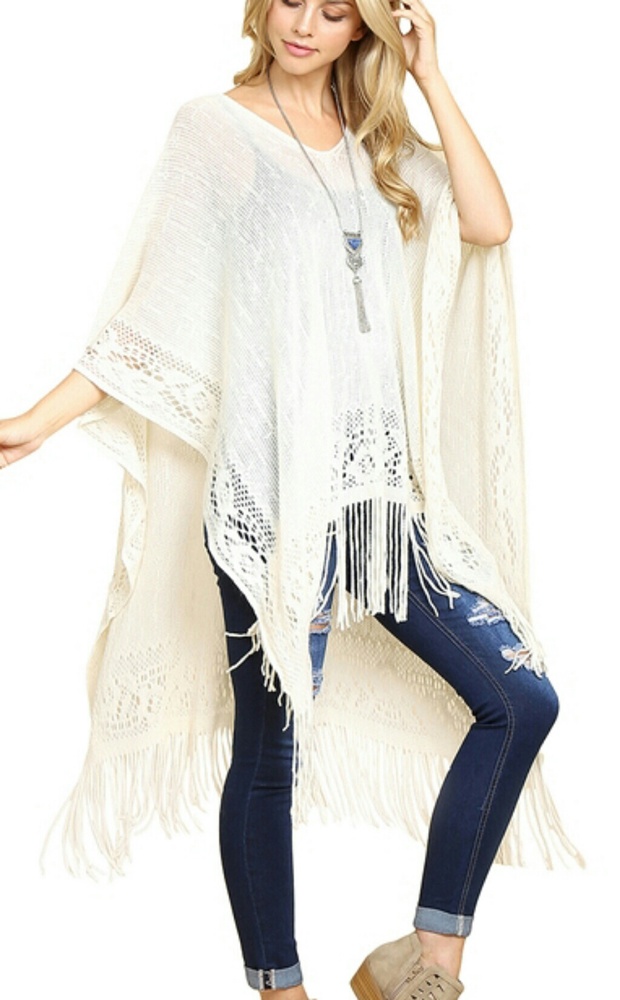 White SOFT LACED TASSEL PONCHO